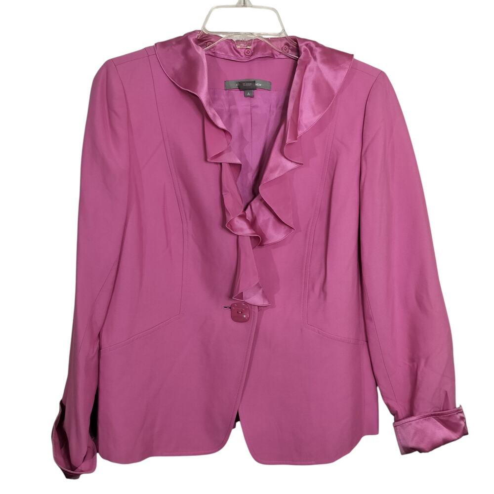 4100) Vintage Ellen Tracy Pink Silk Ruffles Neck Single Button Lined Blazer Sz 8